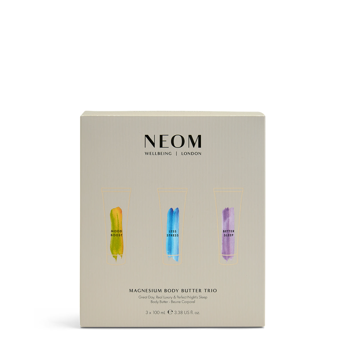 NEOM magnesium body butter trio packaging on a white background