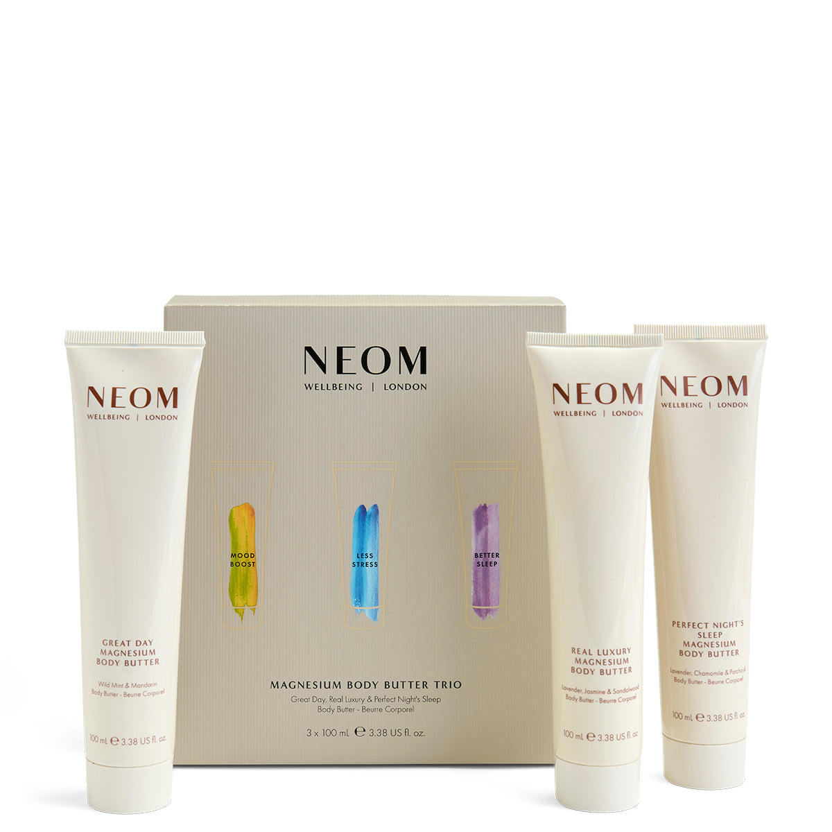 NEOM body butter trio with packaging on a white background