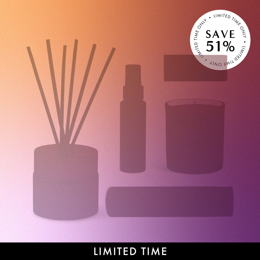 NEOM mystery box silhouettes on a pink gradient background with saving 