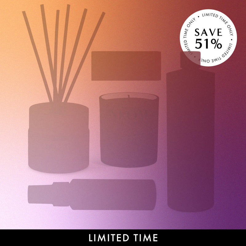 Silhouettes of reed diffuser, candle, and bottle on a gradient background with promotional text.