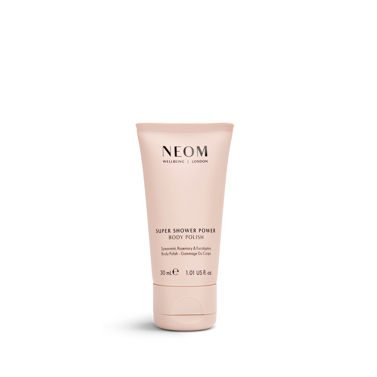 A 30ml tube of NEOM Super Shower Power Body Polish with a white and peach color scheme.