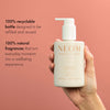 NEOM Great Day Hand Lotion bottle held in hand on coral background, 100% recyclable and natural fragrance skincare