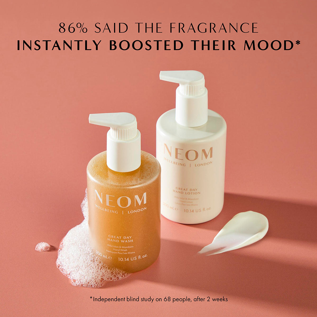 NEOM Great Day hand wash and lotion duo with foam, natural fragrance wellbeing products boosting mood