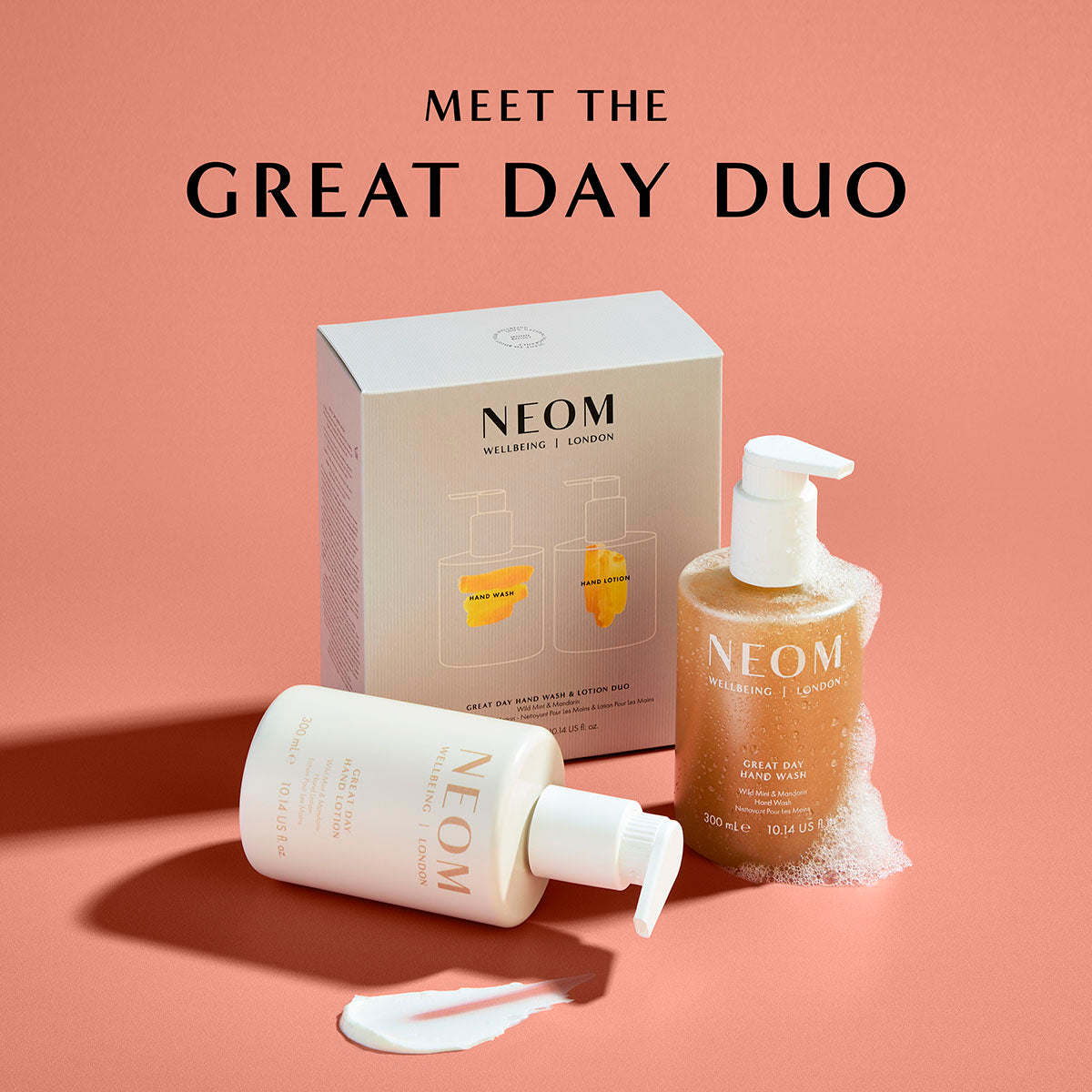 NEOM Great Day Duo gift set with hand wash and lotion, luxury wellbeing skincare packaging