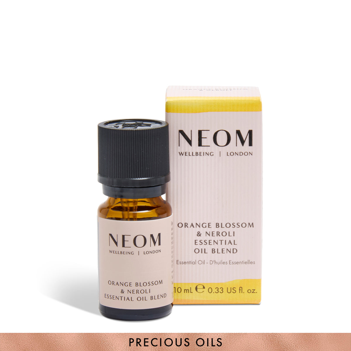 NEOM Orange Blossom & Neroli essential oil blend with packaging on a white background