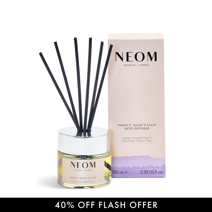NEOM Perfect Night's Sleep Reed Diffuser with packaging on a white background