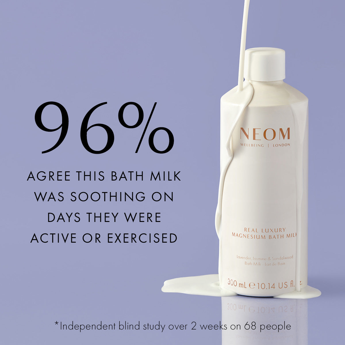 NEOM bath milk bottle with text on a purple background