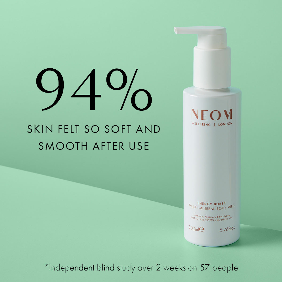 NEOM body milk bottle with text on a green background