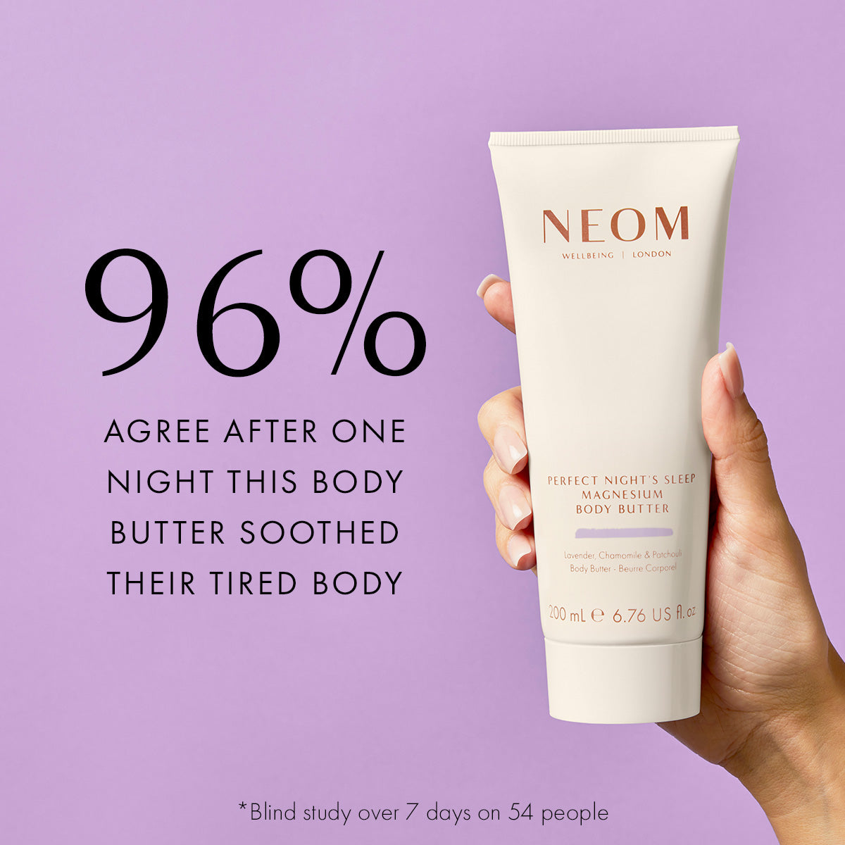 Neom body butter tube held by a hand on a purple background with text about its effectiveness.