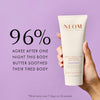 Neom body butter tube held by a hand on a purple background with text about its effectiveness.