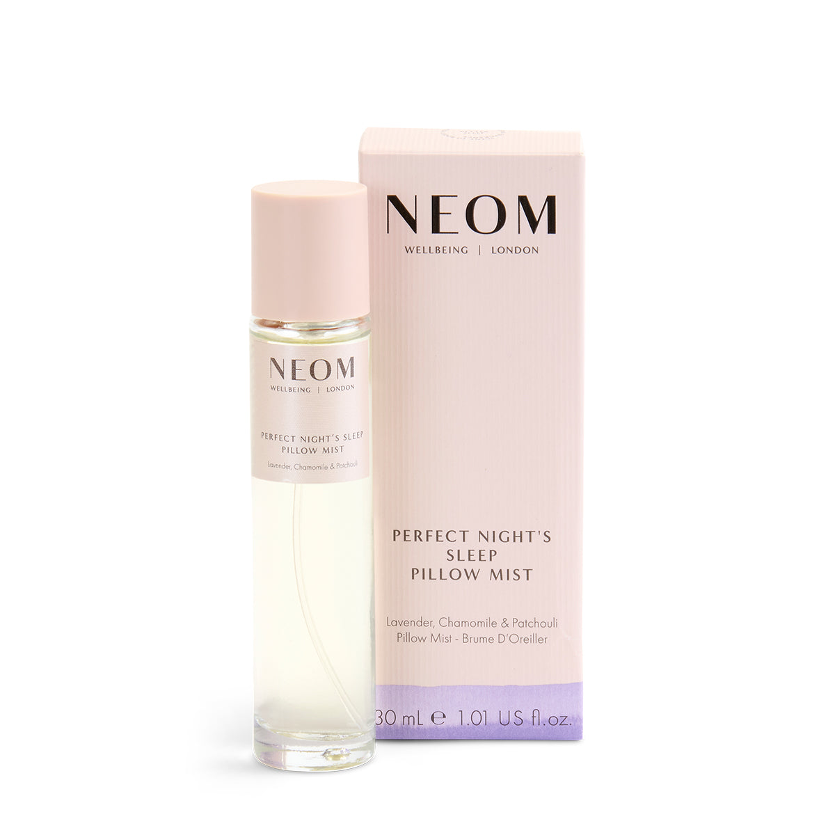 NEOM Perfect Night's Sleep Pillow Mist bottle and packaging on a white background