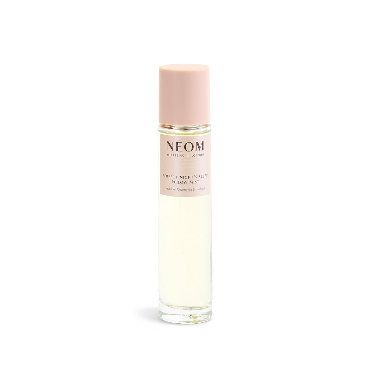 NEOM pillow mist bottle with pink cap on a white background