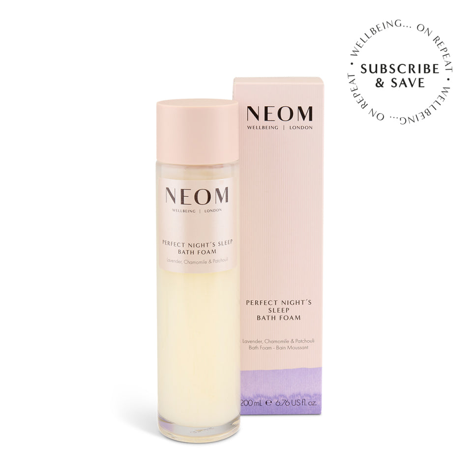 NEOM Perfect Night's Sleep Bath Foam bottle and packaging on a white background
