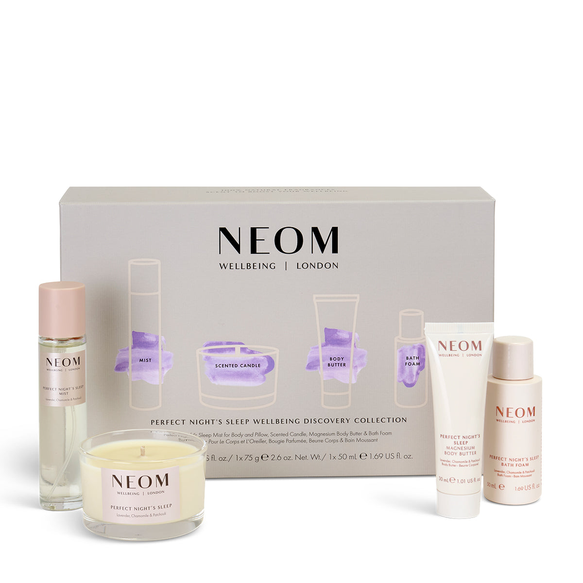 NEOM sleep wellbeing collection with various products on a white background