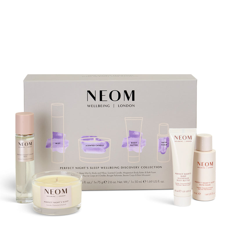 NEOM sleep wellbeing collection with various products on a white background