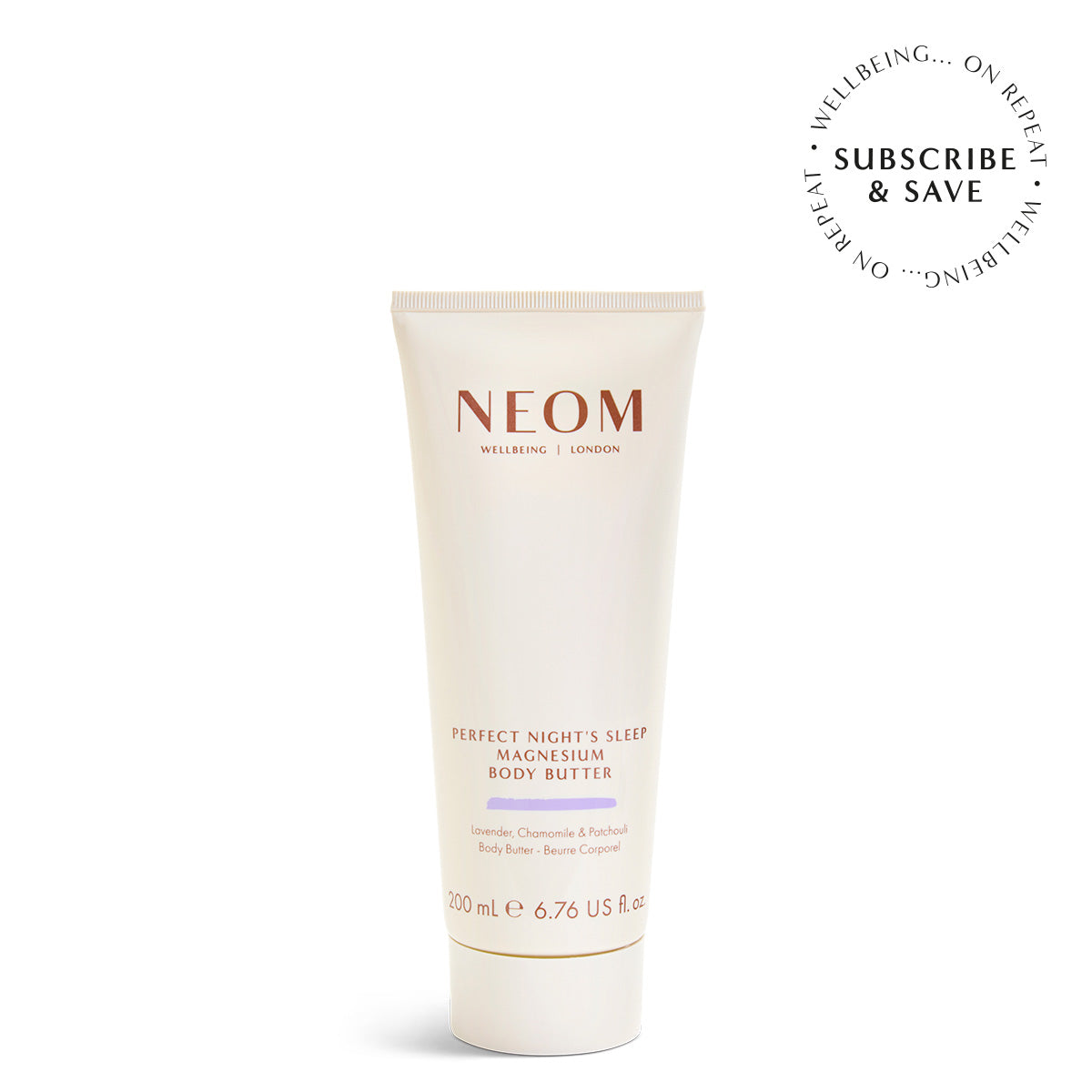 NEOM body butter tube on a white background with 'Subscribe & Save' text.