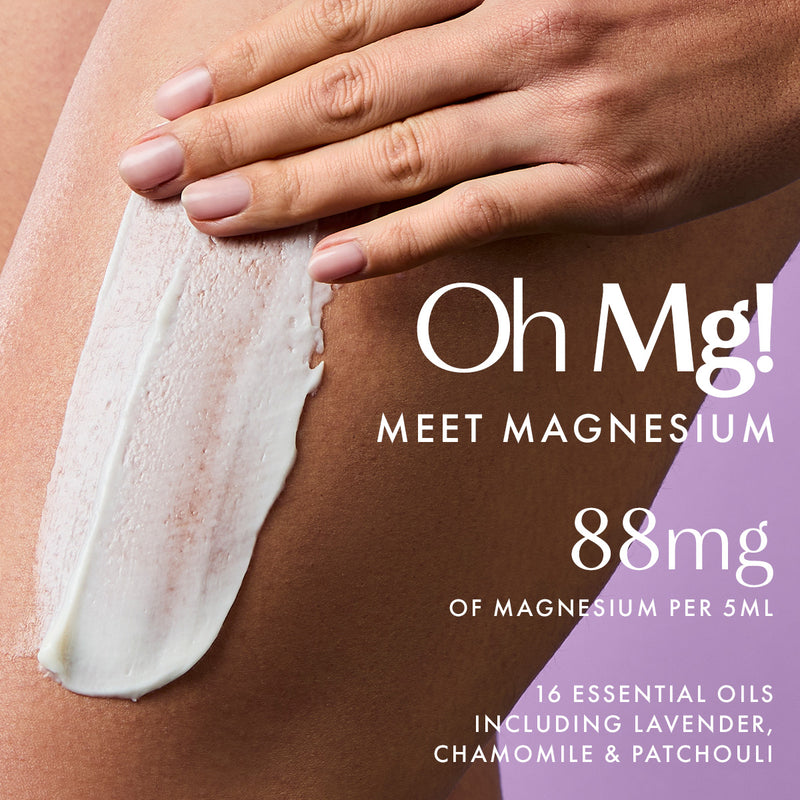 Magnesium body butter on skin with lavender, chamomile and patchouli oils, nourishing nighttime skincare