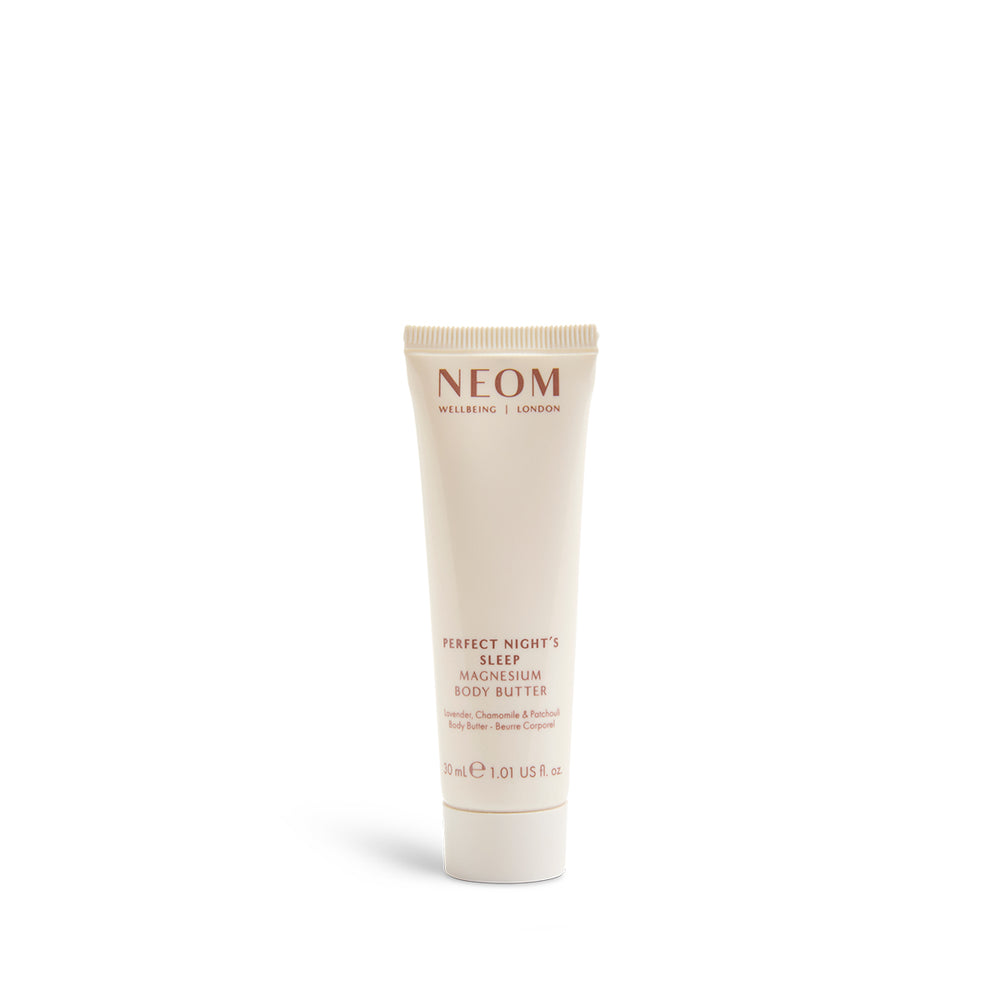 NEOM Perfect Night's Sleep Magnesium Body Butter in a white tube with gold text, 30ml size.