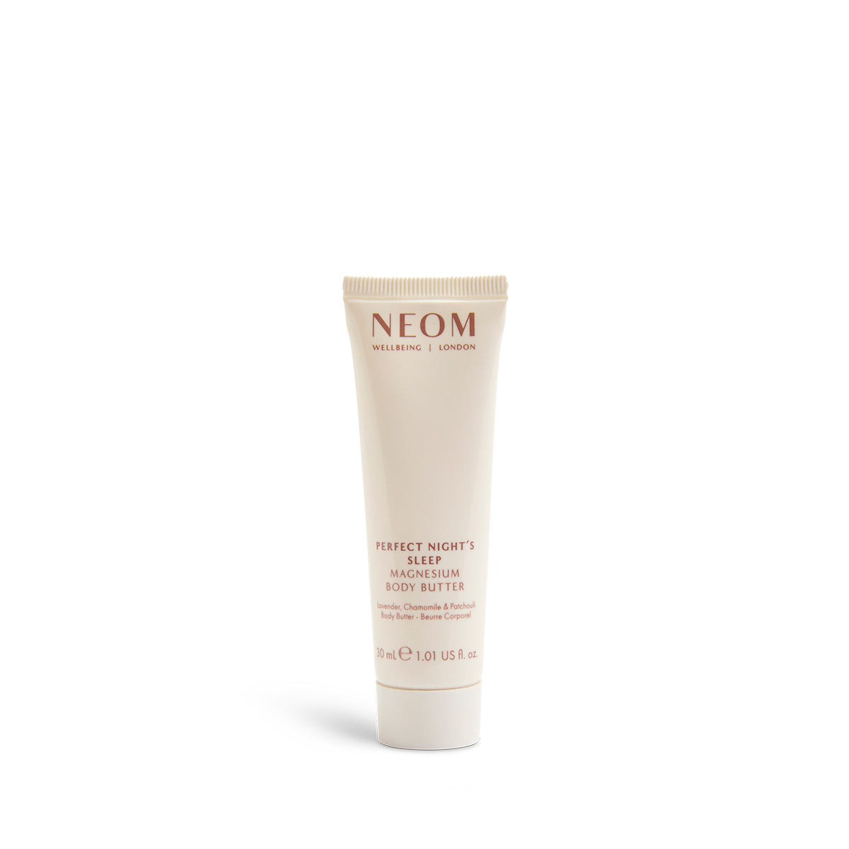 NEOM Perfect Night's Sleep Magnesium Body Butter in a white tube with gold text, 30ml size.