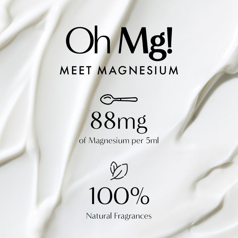 Magnesium skincare benefits graphic showing 88mg magnesium per 5ml and 100% natural fragrances