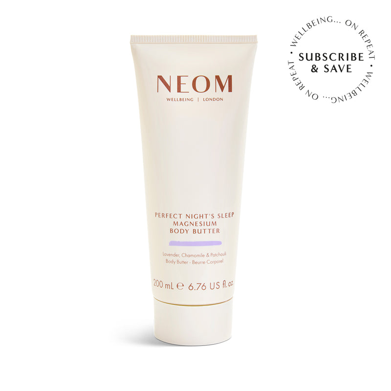 NEOM body butter tube on a white background with 'Subscribe & Save' text.