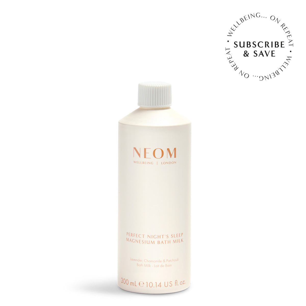 NEOM magnesium bath milk bottle on a white background