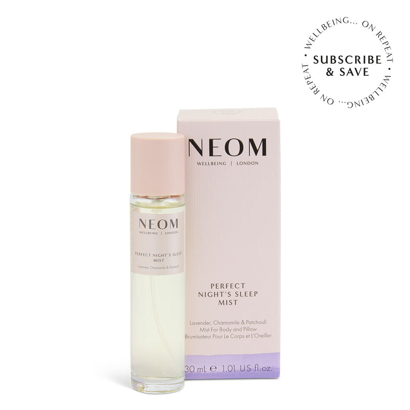 NEOM Perfect Night's Sleep Mist bottle and packaging on a white background