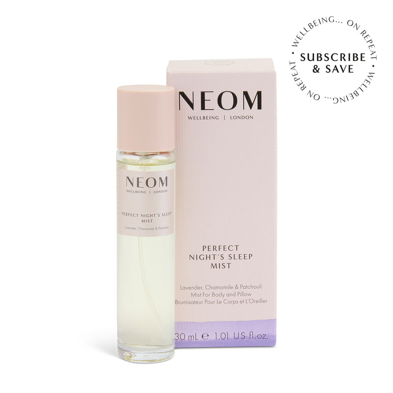 NEOM Perfect Night's Sleep Mist bottle and packaging on a white background