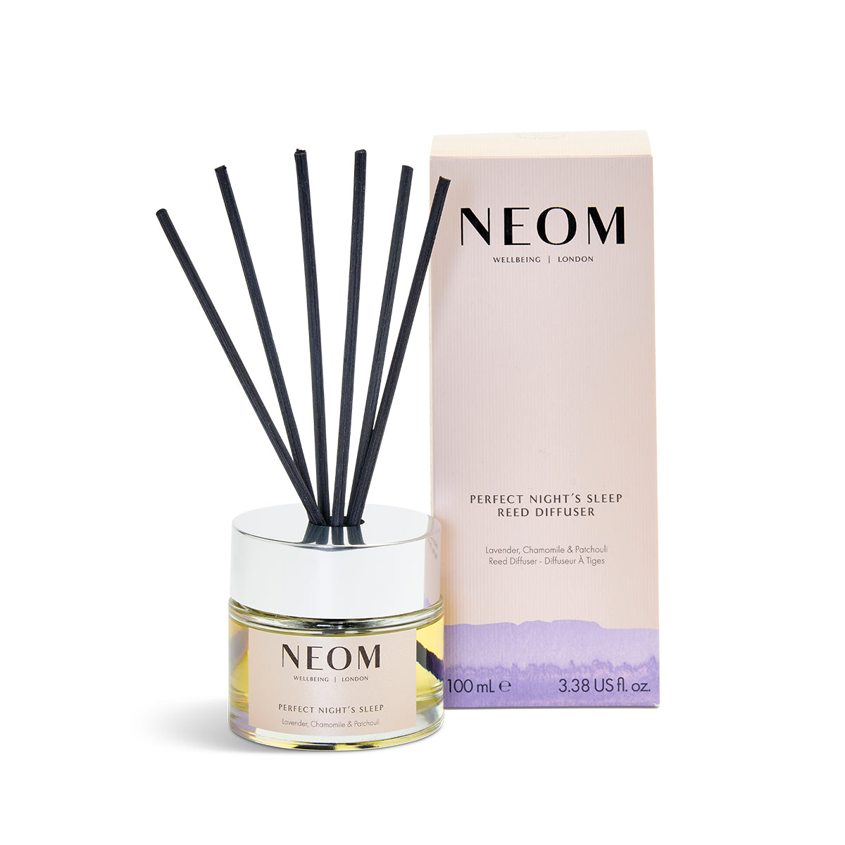 NEOM Perfect Night's Sleep Reed Diffuser with packaging on a white background