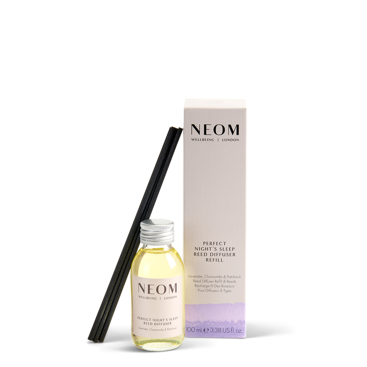 NEOM  diffuser bottle and packaging on a white background
