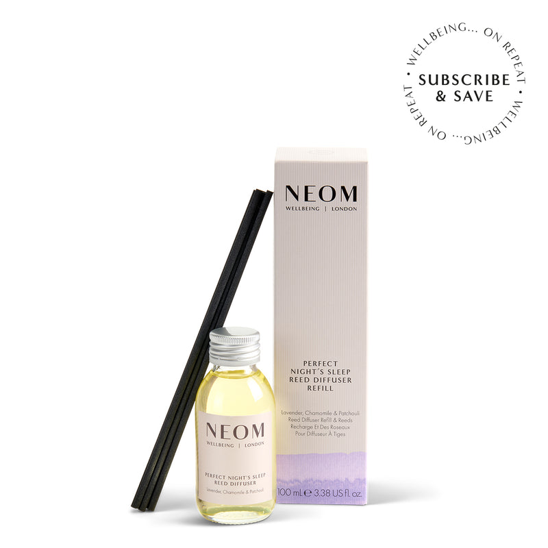 NEOM Perfect Night's Sleep Reed Diffuser with packaging on a white background
