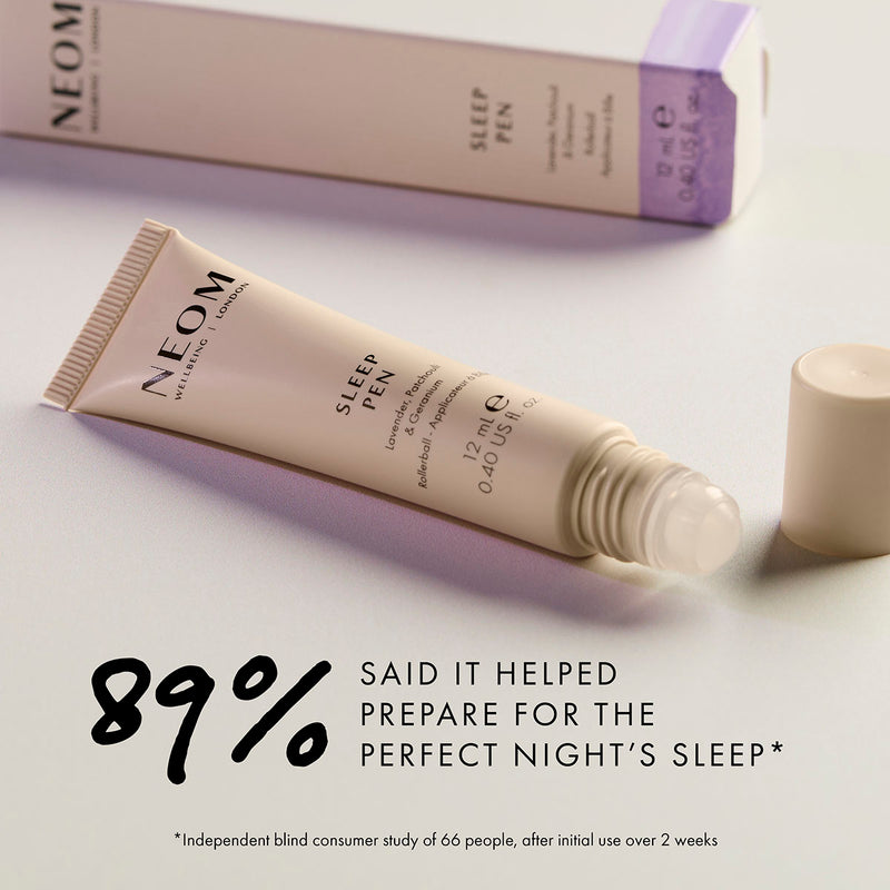 NEOM sleep pen roll-on essential oil with study result showing improved sleep preparation benefits