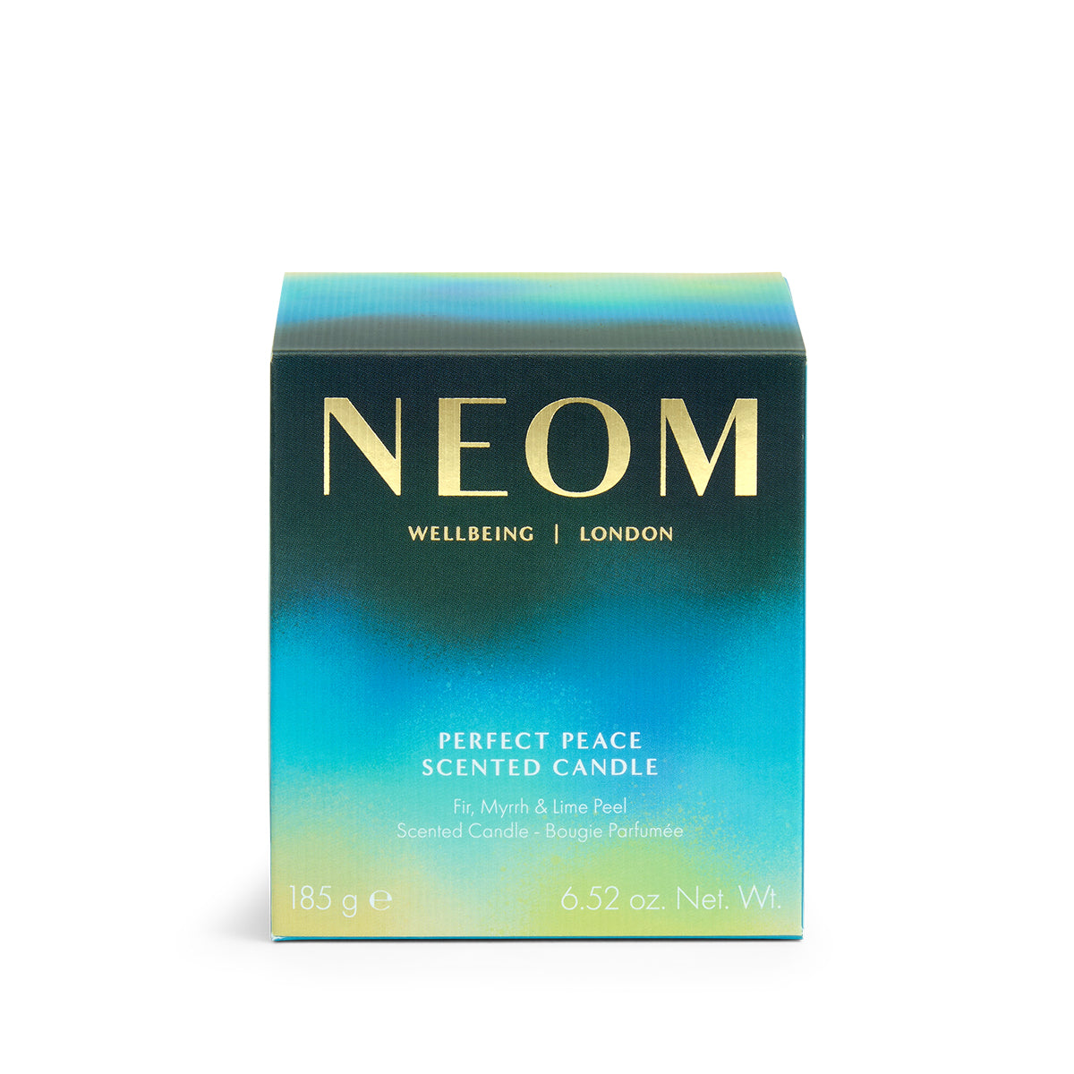NEOM Perfect Peace 1 Wick Scented Candle packaging with gradient blue and green design on a white background