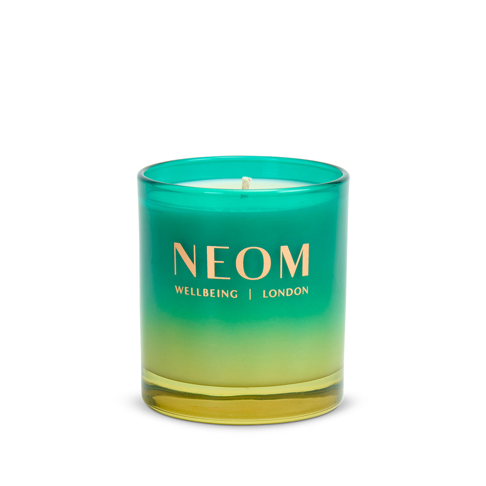 NEOM Perfect Peace 1 Wick Scented Candle with gradient green and yellow design on a white background