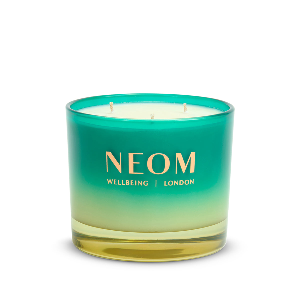 NEOM Perfect Peace 3 Wick Scented Candle with gradient green and yellow design on a white background
