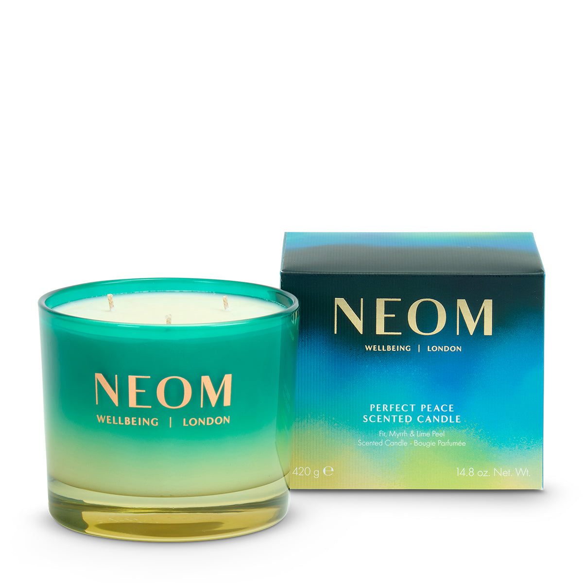 NEOM Perfect Peace 3 Wick Scented Candle and packaging on a white background