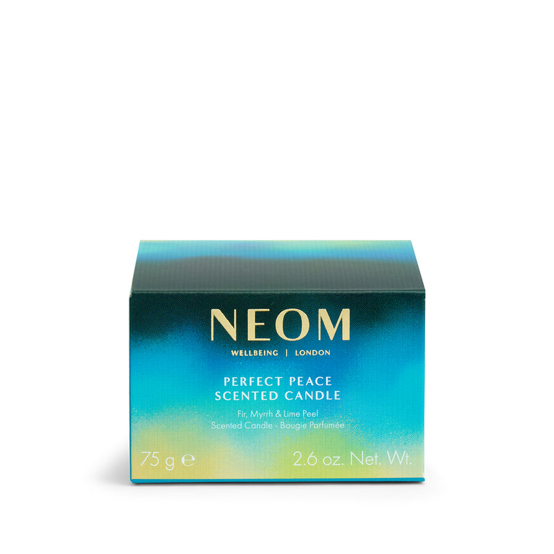 NEOM Perfect Peace Travel Scented Candle packaging on a white background