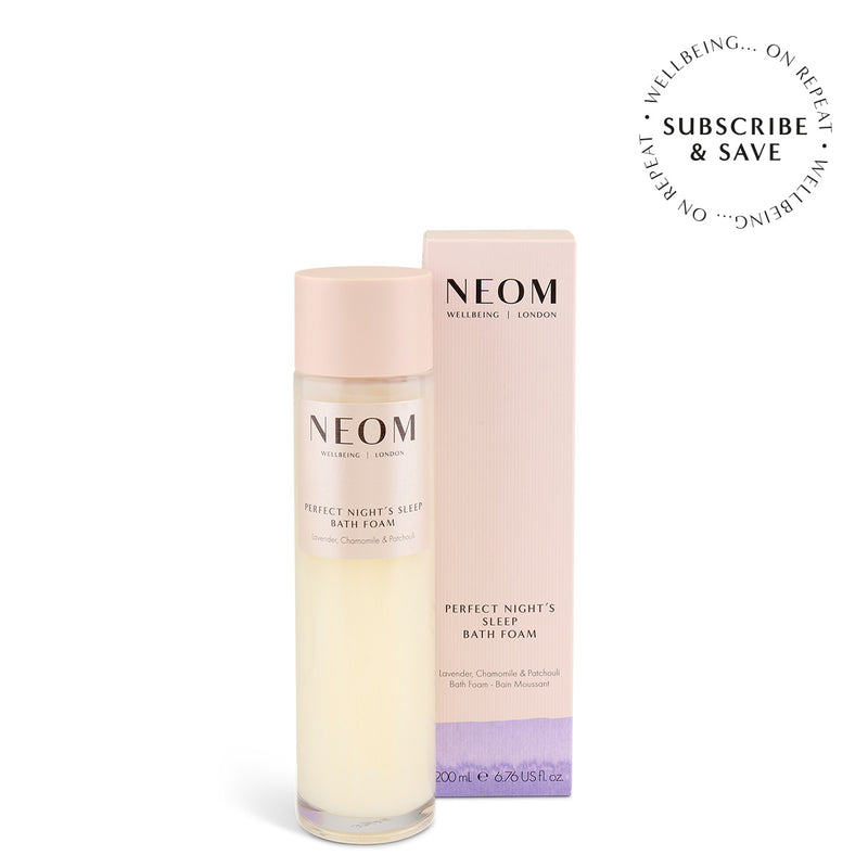 NEOM Perfect Night's Sleep Bath Foam bottle and packaging on a white background