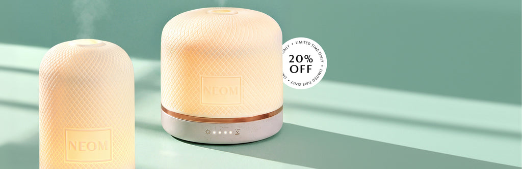 NEOM essential oil diffusers with warm ambient light and mist, aromatherapy home fragrance with limited time 20 percent off offer