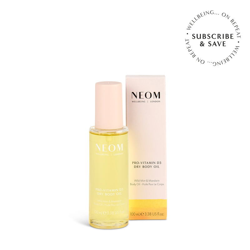 NEOM Pro-Vitamin D3 Dry Body Oil bottle and packaging on a white background