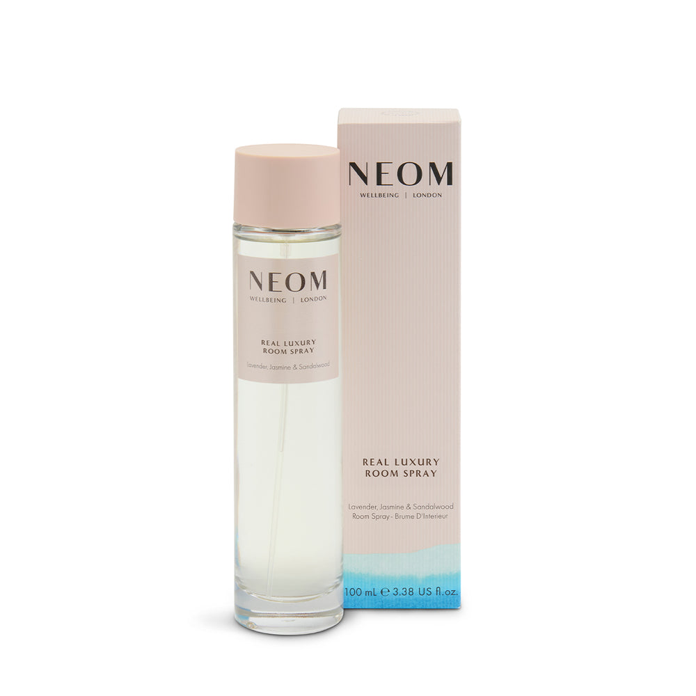 NEOM Real Luxury Room Spray bottle and packaging on a white background