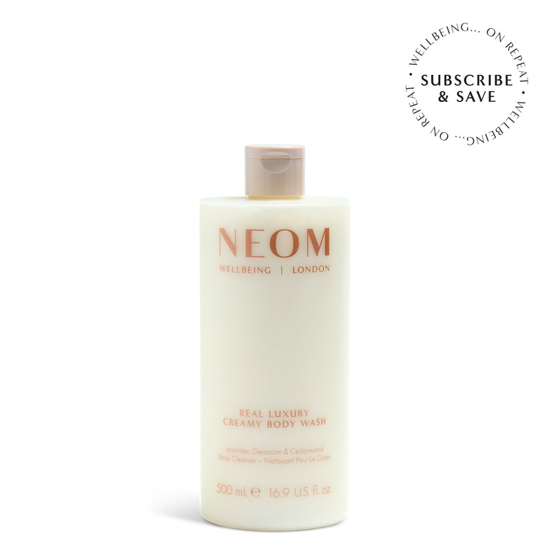 NEOM real luxury body wash with 'Subscribe & Save' roundel on a white  background