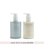 NEOM real luxury hand wash and lotion with a banner saying 'save with a £10 lotion' on a white background
