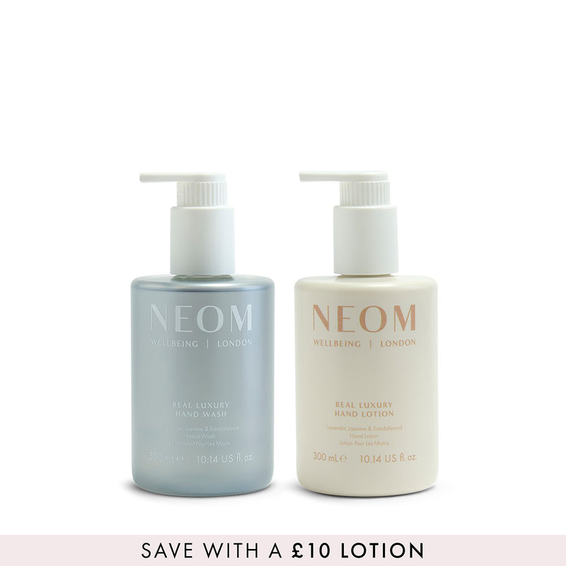 NEOM real luxury hand wash and lotion with a banner saying 'save with a £10 lotion' on a white background