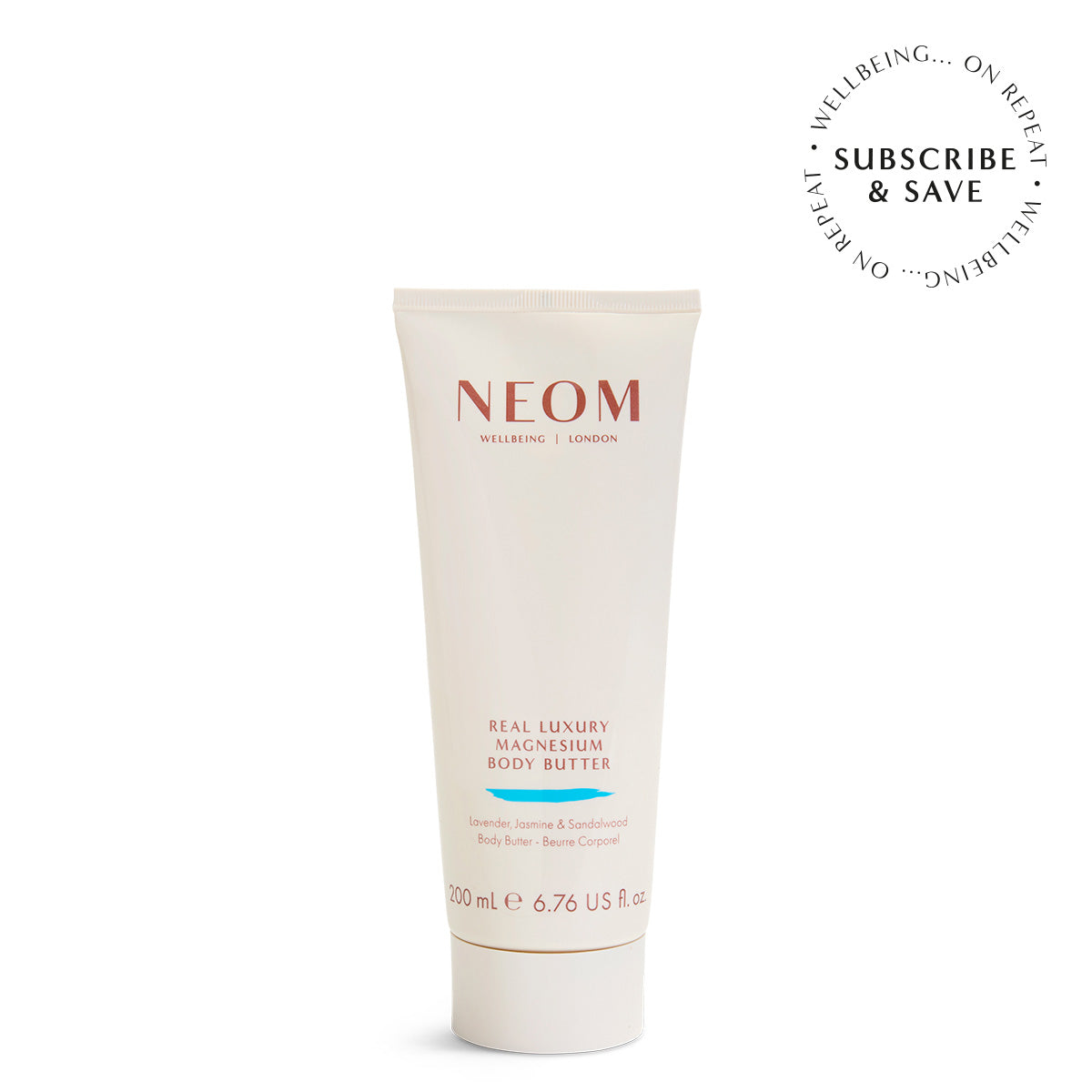 NEOM body butter tube on a white background with 'Subscribe & Save' text.