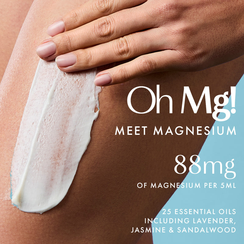 Magnesium body butter application with lavender, jasmine and sandalwood oils, luxury hydrating body care