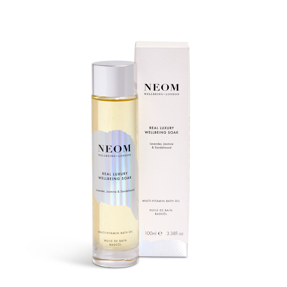 NEOM Real Luxury Wellbeing Soak Multi Mineral Bath Oil on a white background