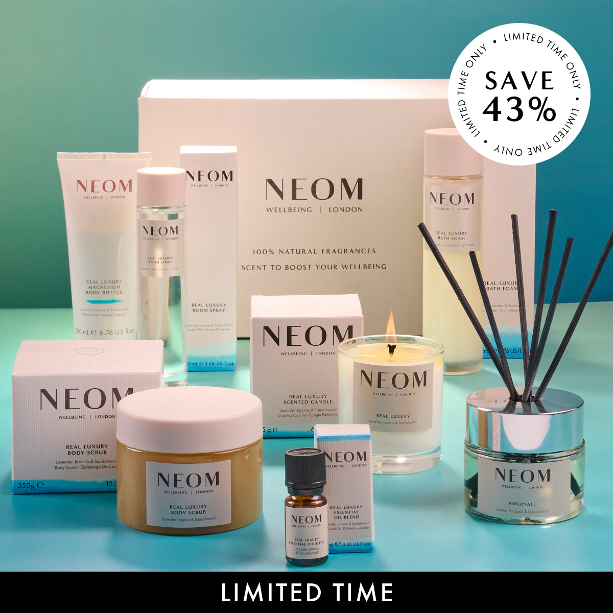 Collection of NEOM products including candles, bottles, and jars on a teal background. Save 43%.