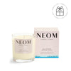 NEOM candle and packaging on a white background with a Perfect Gift roundel with a present