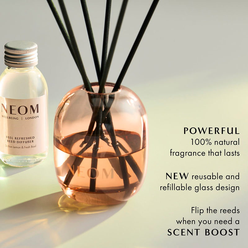 NEOM Feel Refreshed reed diffuser with Sicilian lemon and basil refill, 100% natural fragrance home diffuser